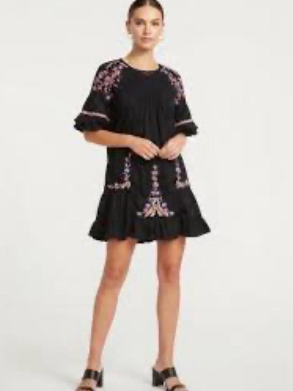 Free People Black Mini Dress with Pink Embroidery